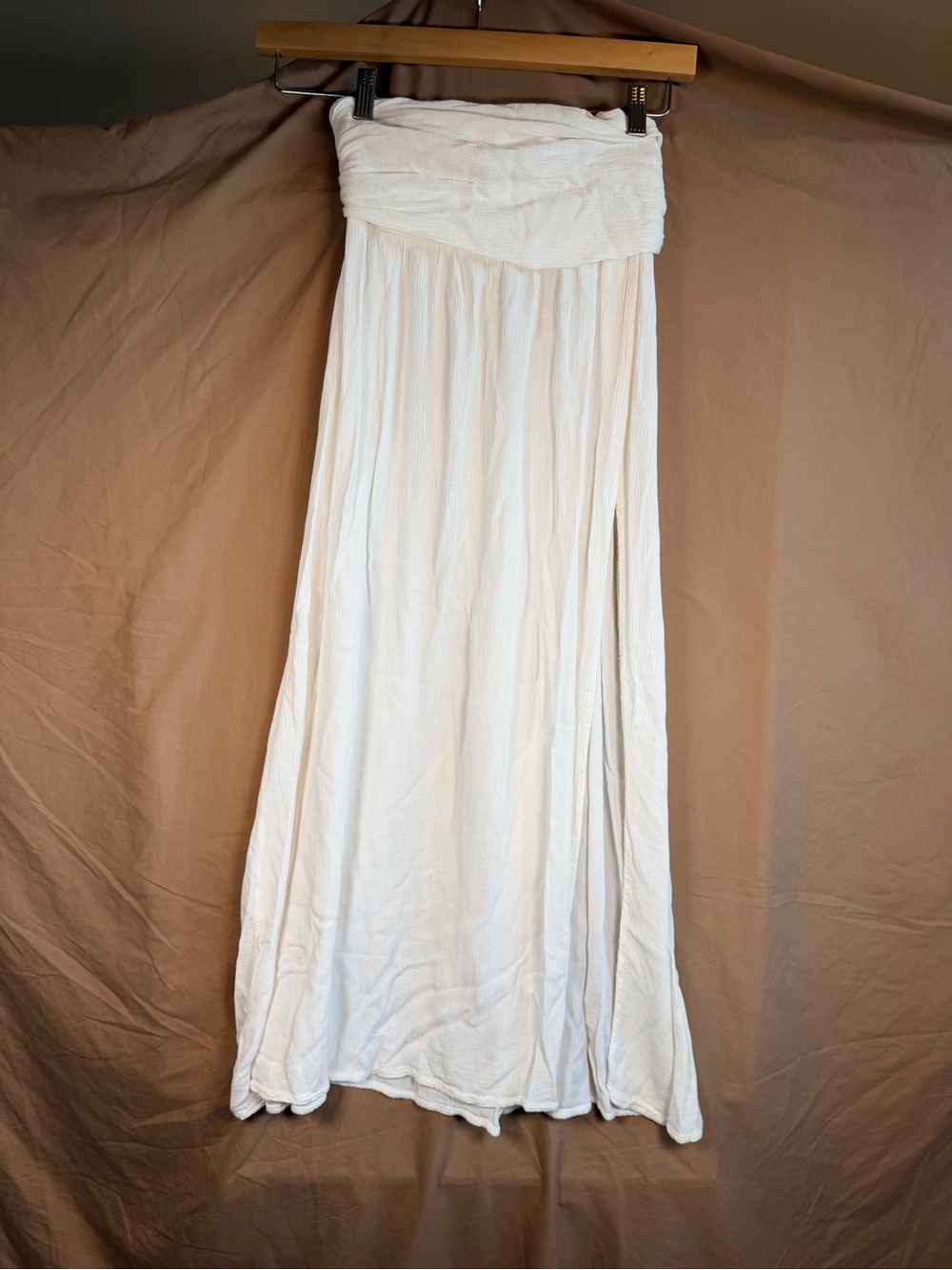 Happily Grey Gauze Maxi Skirt S White Boho Coastal Beach Smocked Slit Resort